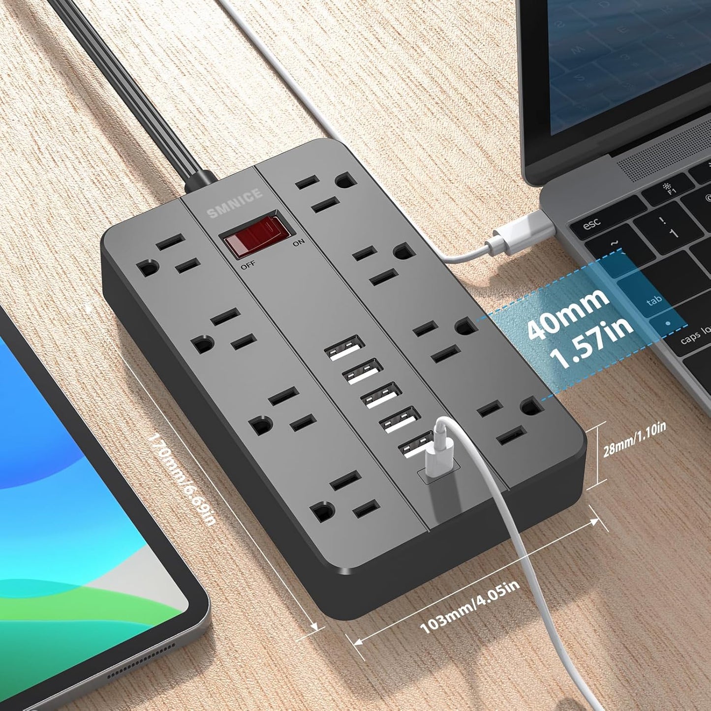 10 Ft Extension Cord Surge Protector, SMNICE 8 Widely Spaced Outlets and 6 USB (1 USB C) Charging Ports Flat Plug Power Strip, Desktop Power Cord for Travel Home Office Accessories Black