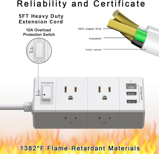 5Ft Outlet Extender Power Strip - Tcstei Flat Plug Extension Cord with 6 Outlets and 4 USB Ports(1 USB C), 3 Side Wall Mount Outlet Extender for Home Dorm Room Essentials, ETL Listed, White